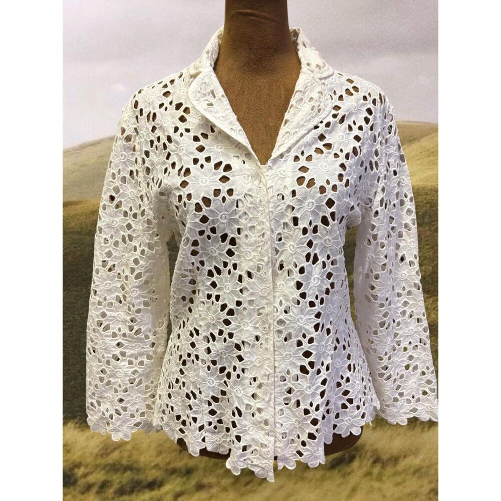 Lilly Pulitzer Preppy Eyelet Cotton Boho Minimalist White Lace Blouse Tunic - Picture 3 of 8